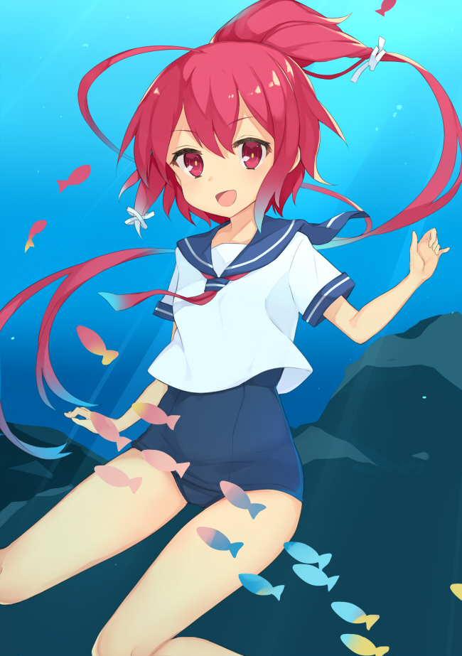 1girl, :d, ahoge, fish, hukasikasi, i-168_(kantai_collection), kantai_collection, long_hair