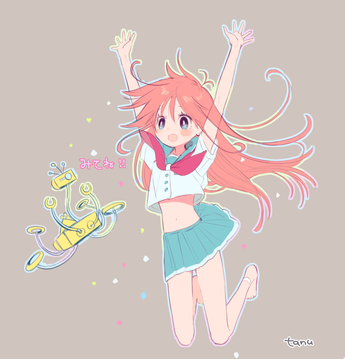 1girl, :d, ahoge, antenna_hair, arms_up, artist_name, bare_legs, blue_eyes