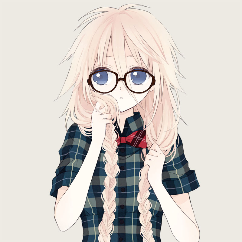 1girl, anzu_(o6v6o), bespectacled, black-framed_eyewear, blue_eyes, bow, bowtie, braid