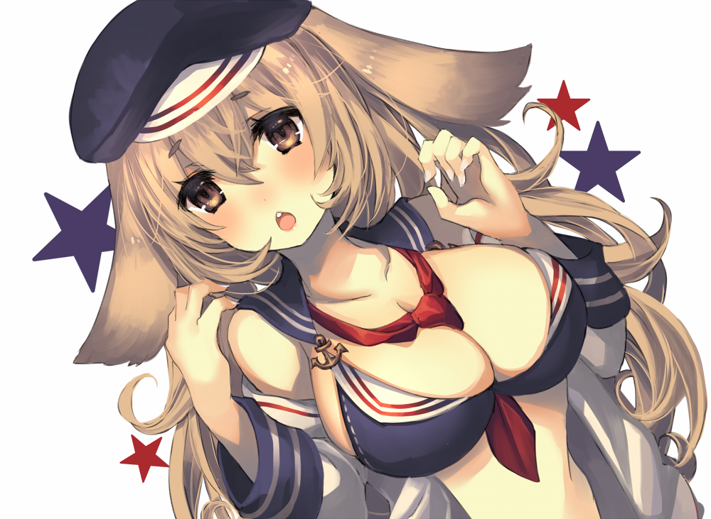 1girl, anchor_symbol, animal_ears, beret, between_breasts, bikini_top, breasts, brown_eyes