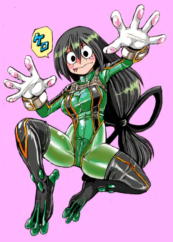 asui_tsuyu, bodysuit, boku_no_hero_academia, gloves, goggles, goggles_on_head, highleg, long_hair, low-tied_long_hair, takeshi_aono