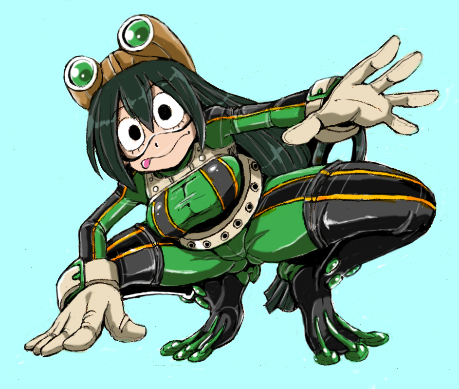 :p, asui_tsuyu, bodysuit, boku_no_hero_academia, skin_tight, takeshi_aono, thigh-highs, tongue