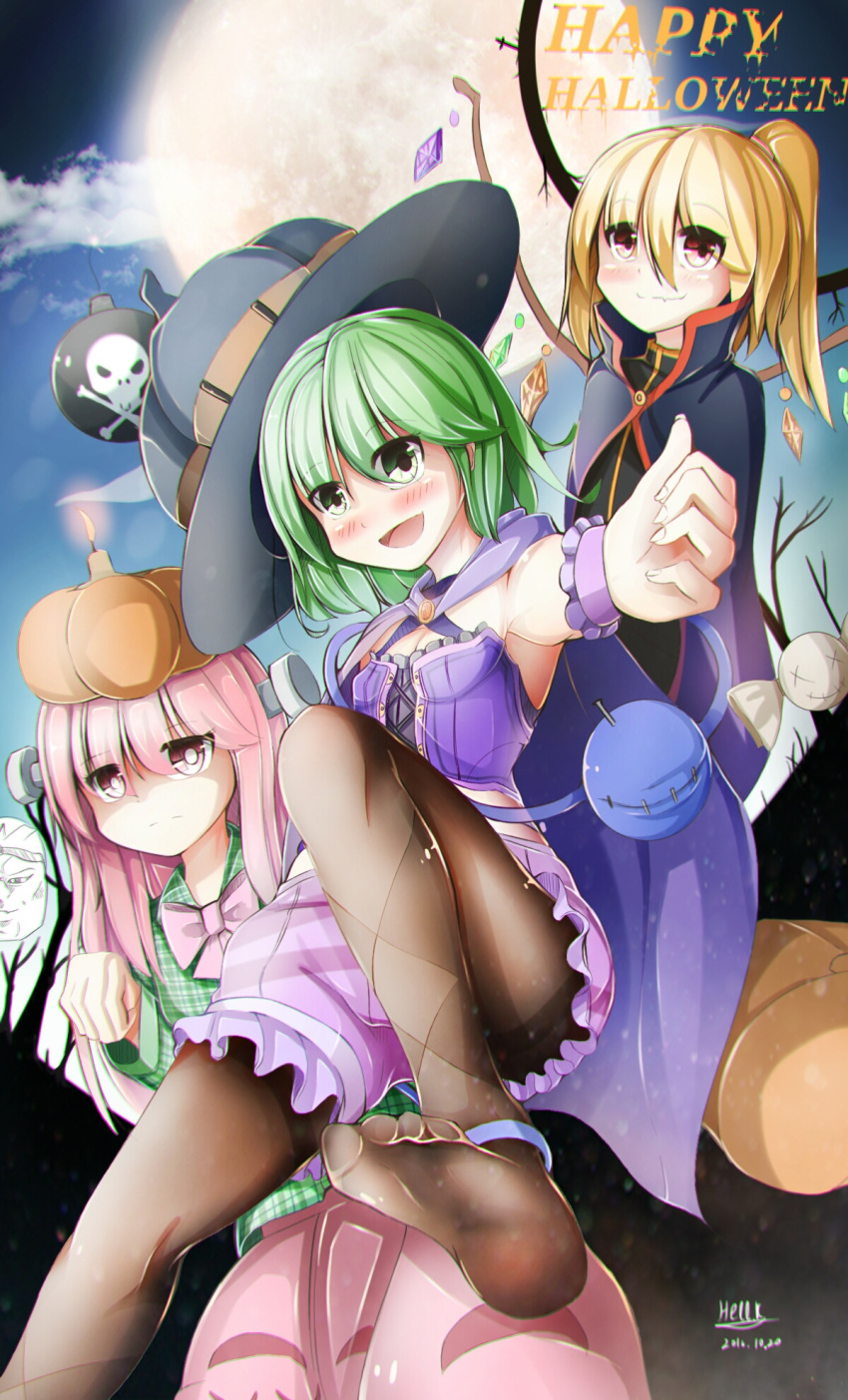 3girls, blonde_hair, bloomers, bomb, breasts, bubble_skirt, bustier, candle