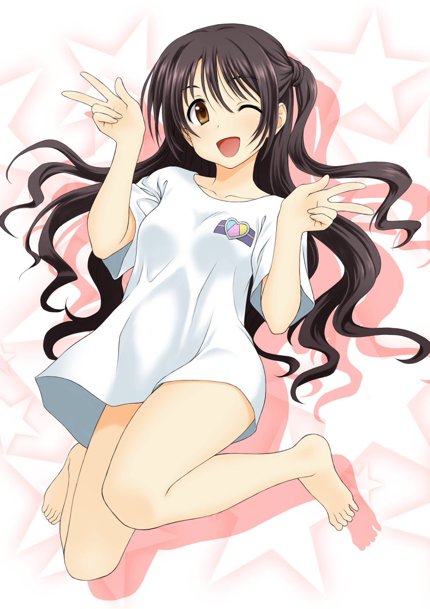 1girl, ;d, absurdres, barefoot, bottomless, brown_eyes, brown_hair, drop_shadow