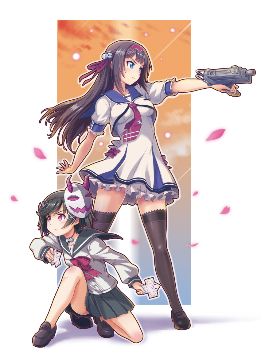 2girls, bell, black_legwear, blonde_hair, blue_eyes, gal_gun, gal_gun_double_peace, hair_ornament, hairband, highres, holding, kamizono_maya, kamizono_shinobu, loafers, long_hair, long_sleeves, mary_janes, mask, mask_on_head, multiple_girls, necktie, no_socks, official_art, origami, parted_lips, petals, pink_hair, pleated_skirt, school_uniform, serafuku, shoes, short_hair, short_sleeves, skirt, squatting, standing, thigh-highs