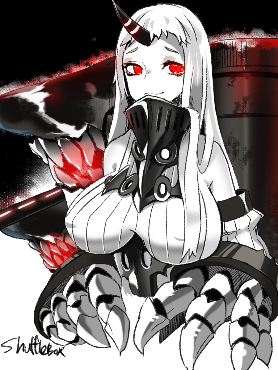 1girl, artist_name, bags_under_eyes, breasts, claws, covered_nipples, detached_sleeves, dress, highres, horn, kantai_collection, large_breasts, long_hair, red_eyes, ribbed_dress, seaport_hime, shufflebox, solo, sweater, sweater_dress, upper_body, very_long_hair, white_dress, white_hair