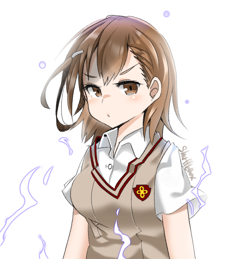 1girl, artist_name, brown_eyes, brown_hair, collared_shirt, electricity, emblem, hair_ornament, hairclip, looking_at_viewer, misaka_mikoto, school_uniform, shirt, short_hair, short_sleeves, shufflebox, solo, sweater_vest, to_aru_kagaku_no_railgun, to_aru_majutsu_no_index, upper_body, white_background
