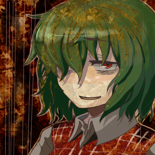 bags_under_eyes, green_hair, hair_over_one_eye, kazami_yuuka, kirusu, lowres, plaid_vest, portrait