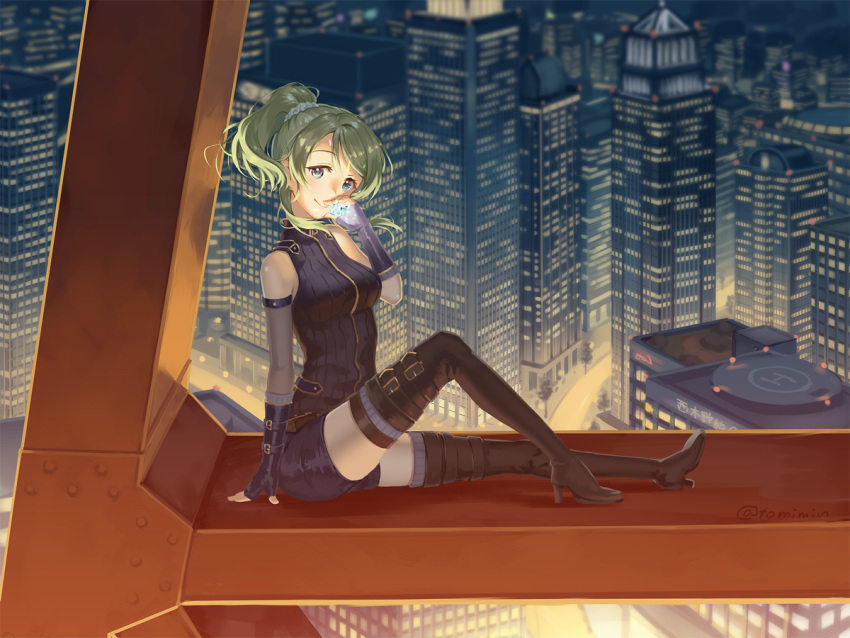 1girl, arm_belt, ayase_eli, bangs, bike_shorts, black_boots, black_gloves, blonde_hair, blue_eyes, boots, breasts, building, cityscape, commentary_request, elbow_gloves, fingerless_gloves, from_side, gem, gloves, helipad, high_heel_boots, high_heels, looking_at_viewer, love_live!, love_live!_school_idol_festival, love_live!_school_idol_project, medium_breasts, night, phantom_thief_erichika, ponytail, scaffolding, scrunchie, sitting, skyscraper, sleeveless, smile, solo, swept_bangs, thigh-highs, thigh_boots, thigh_strap, tomiwo, twitter_username