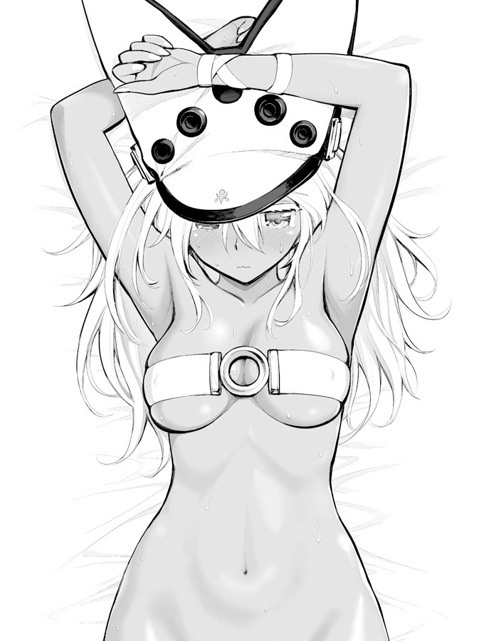 1girl, armpits, arms_up, bed_sheet, beltbra, blush, bottomless, breasts