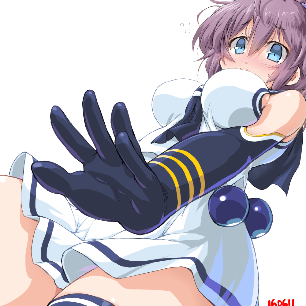 1girl, alternate_costume, aoba_(kantai_collection), bare_shoulders, blue_eyes, blush, breasts, cosplay