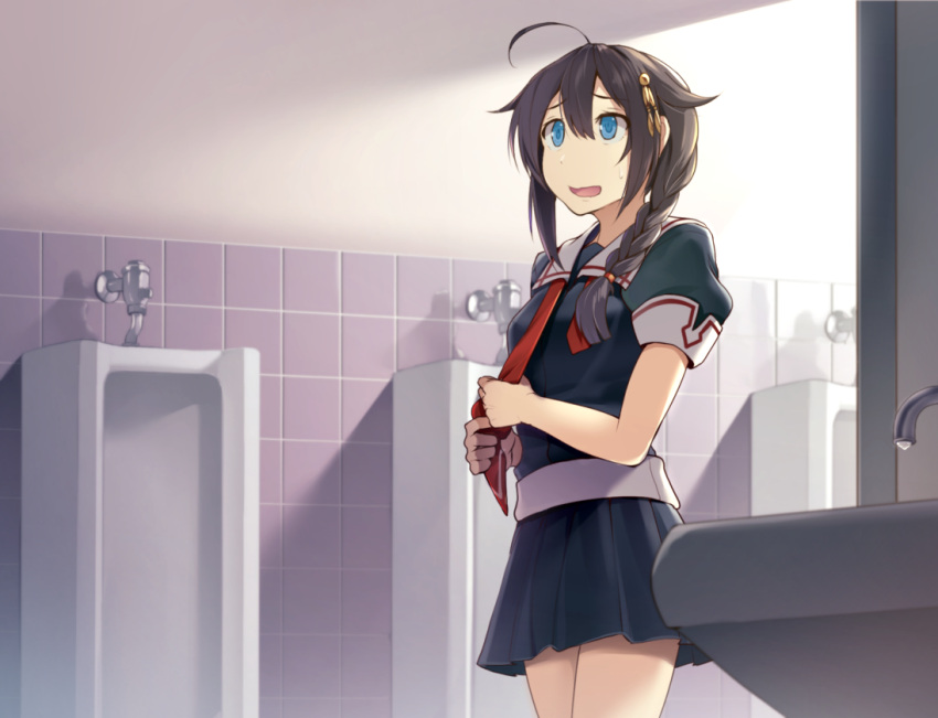 1girl, bathroom, black_hair, black_serafuku, blue_eyes, braid, hair_flaps, hair_ornament