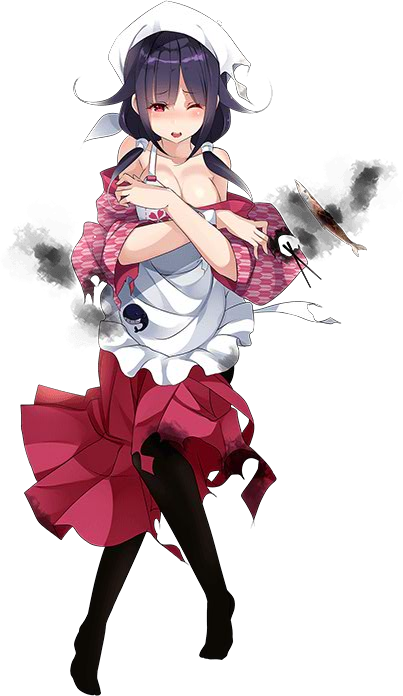1girl, ahoge, apron, black_legwear, breasts, chopsticks, cleavage, hair_flaps