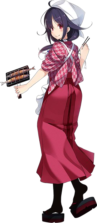 1girl, ahoge, apron, back_turned, black_legwear, chopsticks, hair_flaps, headdress