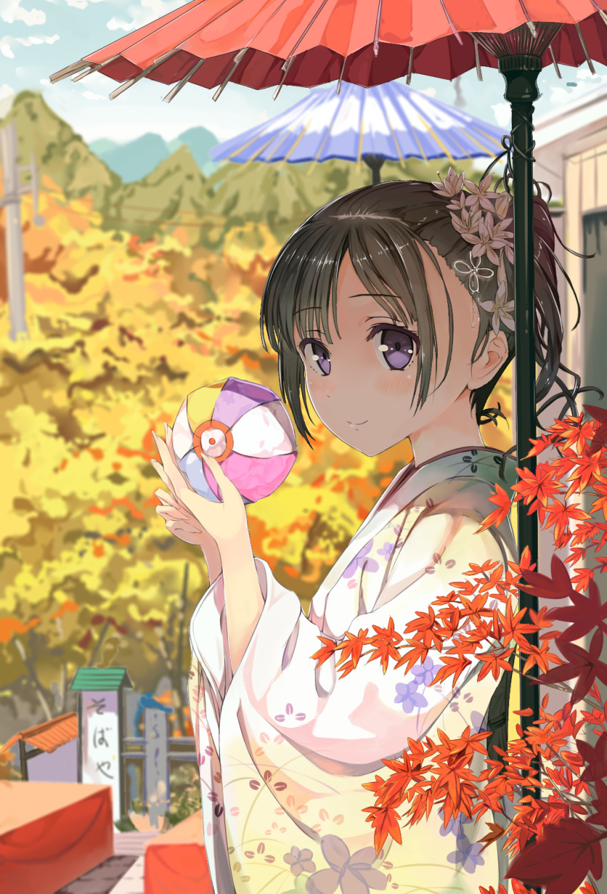 1girl, araragikoyomis, autumn, autumn_leaves, ball, bangs, blurry, brown_hair