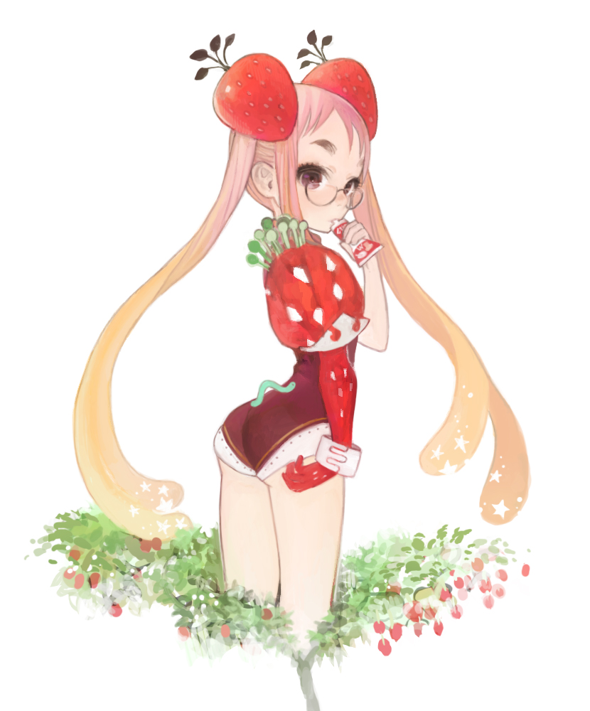 ass, flower, food, food_as_clothes, food_themed_clothes, fruit, hair_ornament, looking_back