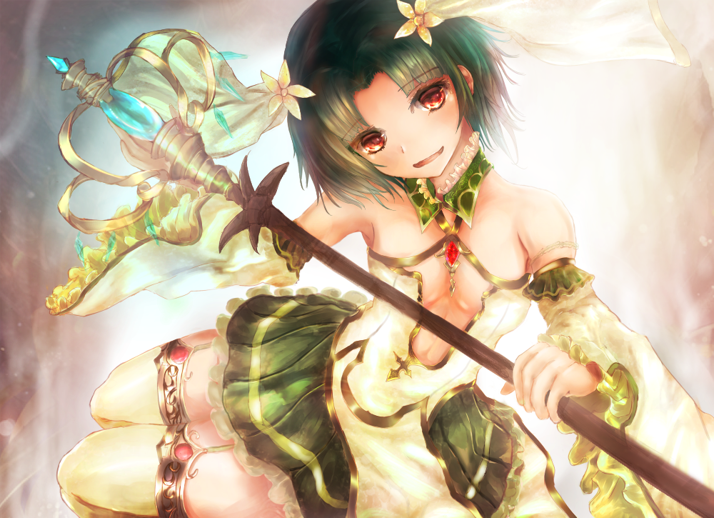 1girl, bare_shoulders, black_hair, black_skirt, detached_sleeves, flower, hair_flower, hair_ornament