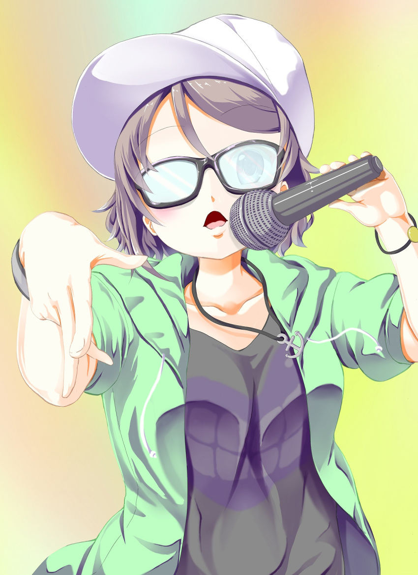 1girl, anchor_necklace, baseball_cap, black-framed_eyewear, black_shirt, bracelet, commentary_request, glasses, green_jacket, grey_hair, hand_gesture, hat, hayaoki_(asagi-iro_seishun-bu), highres, holding_microphone, hood, hood_down, hooded_jacket, jacket, jewelry, love_live!, love_live!_sunshine!!, microphone, open_mouth, pointing, pointing_down, rap, shirt, short_hair, solo, upper_body, watanabe_you, wristband