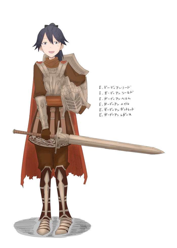 1girl, armor, armored_boots, bangs, birii, black_hair, boots, breastplate