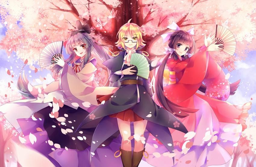 3girls, black_eyes, black_hair, blonde_hair, boots, brown_eyes, cherry_blossoms, fan, folding_fan, glasses, grey_hair, hichou, japanese_clothes, kimono, knee_boots, long_hair, looking_at_viewer, magahara_mitama, multiple_girls, mystical_power_plant, original, ponytail, short_hair, skirt, smile, suitokuin_tenmu, touhou, tree, yaezaki_an, yellow_eyes