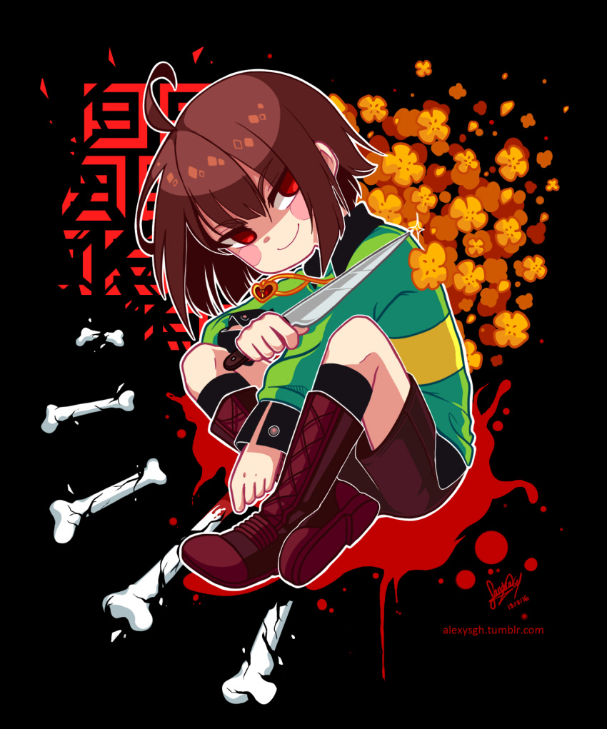 ahoge, androgynous, black_background, blush_stickers, bone, boots, broken_bone, brown_hair