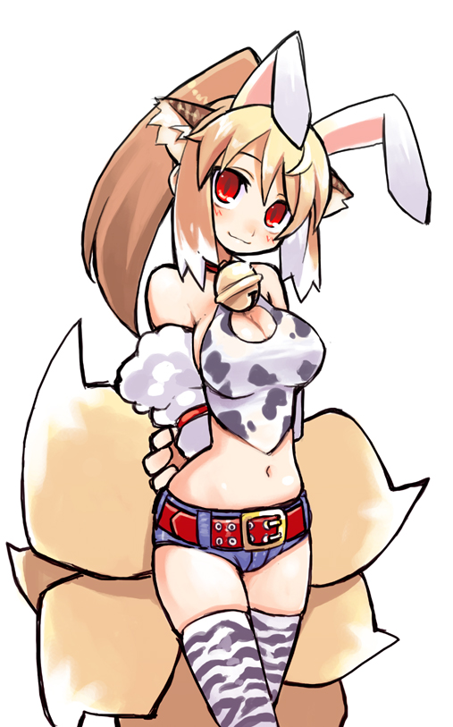 animal_ears, arms_behind, arms_behind_back, belt, blush, brown_hair, bunny_ears, cow_print