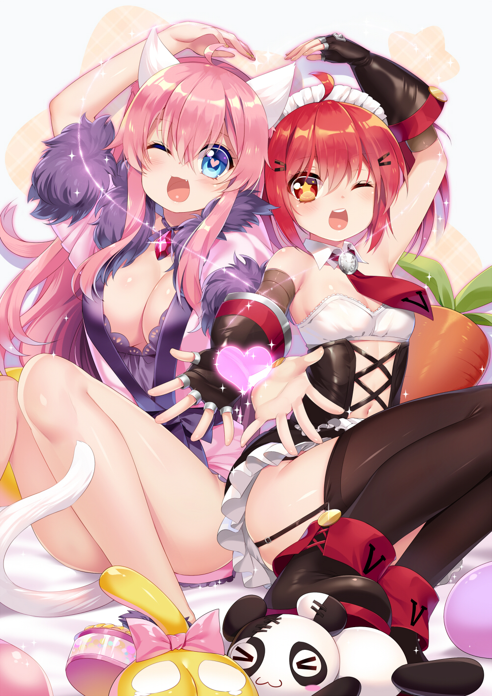 >_<, ;d, ahoge, animal_ears, arm_up, bangs, bare_legs, bare_shoulders