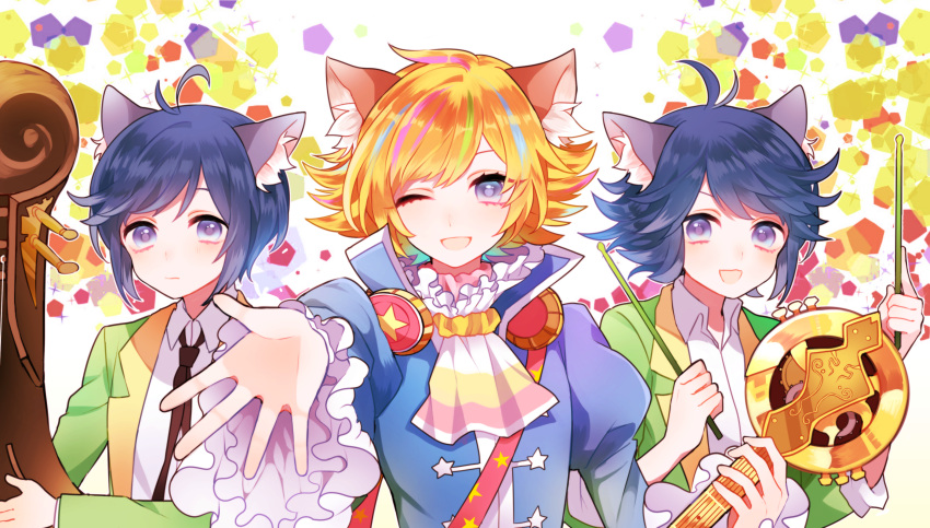 3boys, absurdres, ahoge, animal_ears, bisco9skm, blonde_hair, blue_eyes, blue_hair