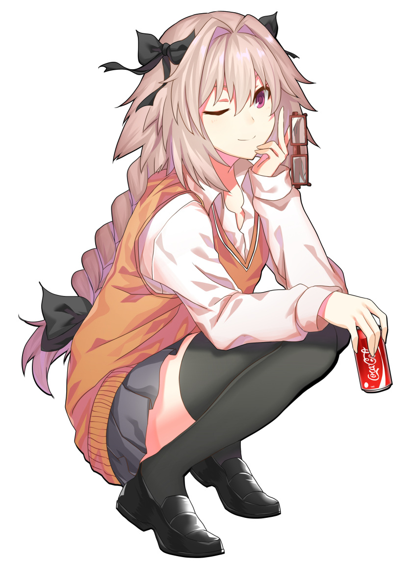 1boy, ;), absurdres, black_legwear, braid, can, coke, fate/apocrypha