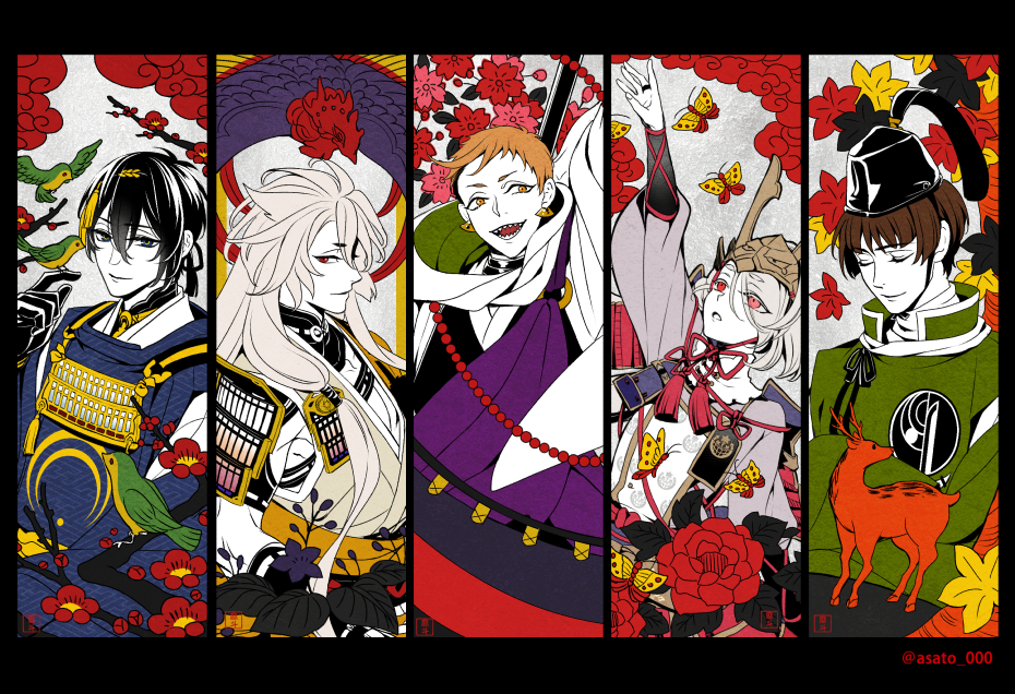 5boys, asato_(anjam), autumn_leaves, beads, bird, black_gloves, black_hair, blue_eyes