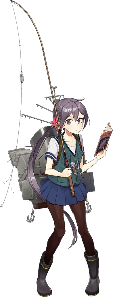 1girl, akebono_(kantai_collection), blue_skirt, boots, drew_(drew213g), fishing_gear, fishing_rod, kantai_collection