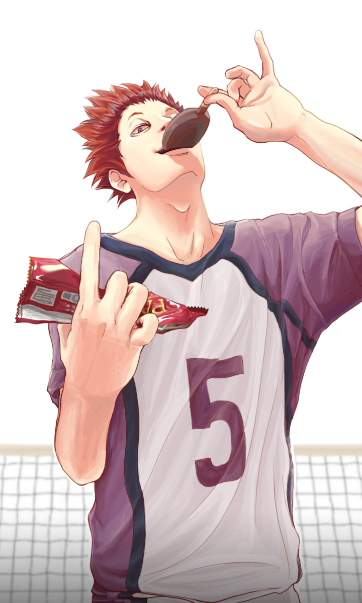 1boy, adam's_apple, dragonnapoli, eating, haikyuu!!, highres, looking_at_viewer, male_focus