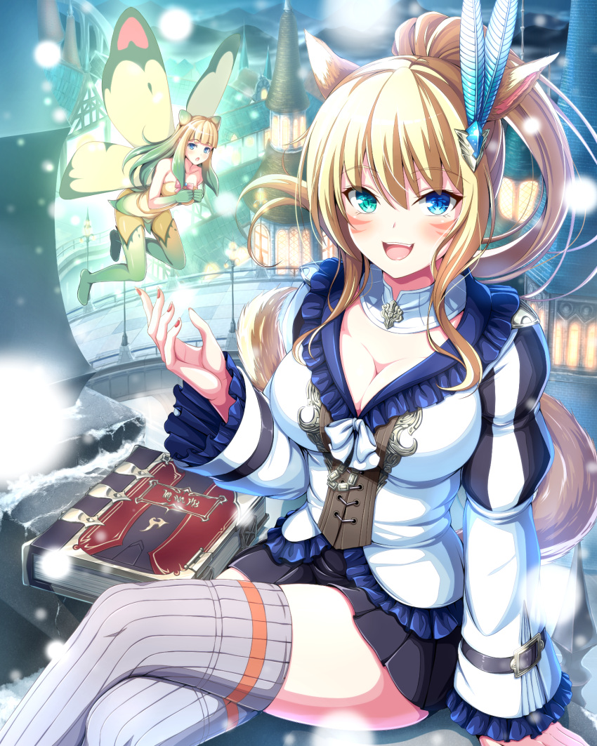 2girls, animal_ears, bare_shoulders, blonde_hair, blue_eyes, book, breasts, cat_ears, cat_tail, cleavage, crossed_legs, facial_mark, fairy, final_fantasy, final_fantasy_xiv, gradient_hair, highres, long_hair, looking_at_viewer, minigirl, miqo'te, multicolored_hair, multiple_girls, open_mouth, ponytail, scholar_(final_fantasy), selene_(ff14), sitting, tail, thigh-highs, tiphereth