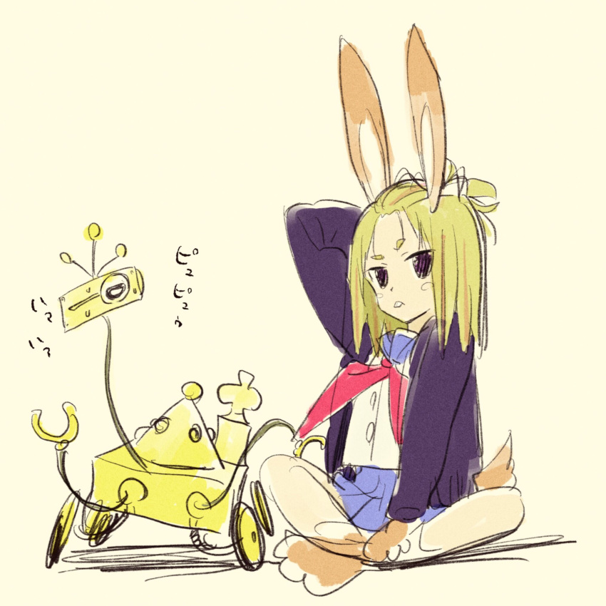 1girl, animal_ears, bangs_pinned_back, blonde_hair, blue_skirt, buck_teeth, bunny_paws, bunny_tail