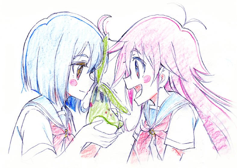 2girls, :d, alternate_eye_color, alternate_hair_color, antenna_hair, blue_hair, blush_stickers, brown_eyes