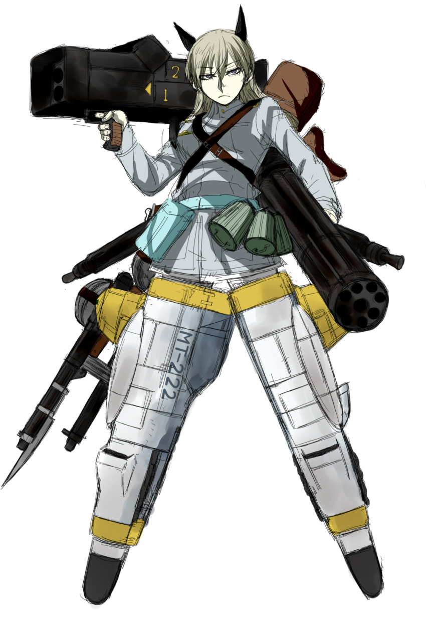 1girl, animal_ears, blonde_hair, eila_ilmatar_juutilainen, fox_ears, gatling_gun, gun, highres, long_hair, machine_gun, mg34, military, military_uniform, pantyhose, ppsh-41, rocket_launcher, silver_hair, sketch, solo, strike_witches, striker_unit, submachine_gun, uniform, waishou_(fusuma), weapon, white_legwear, world_witches_series