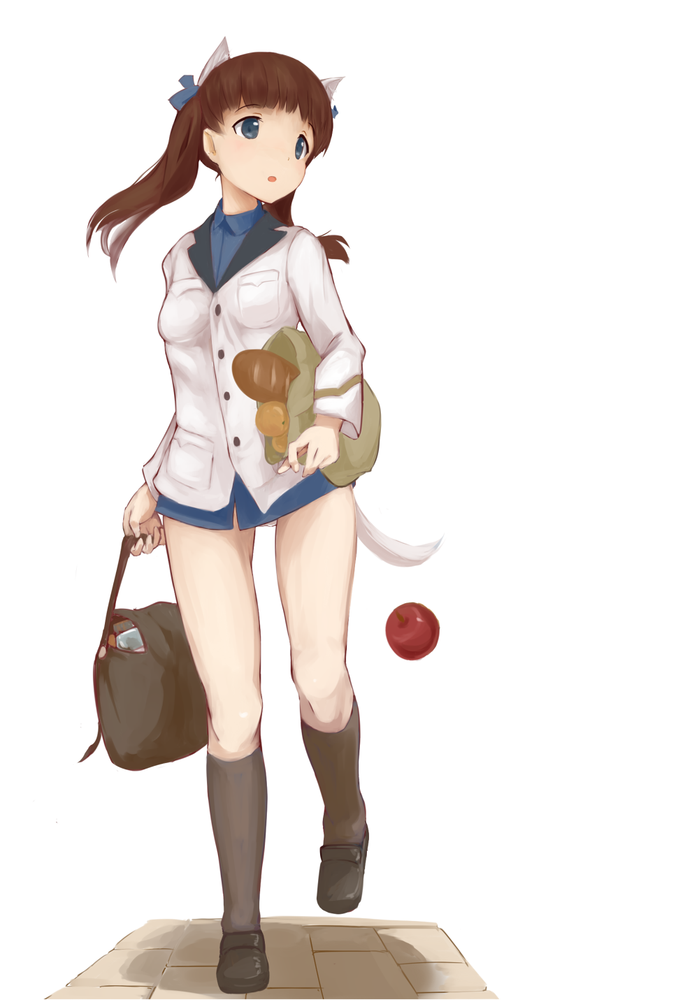 1girl, apple, bag, baguette, black_legwear, blue_eyes, bread, brown_hair