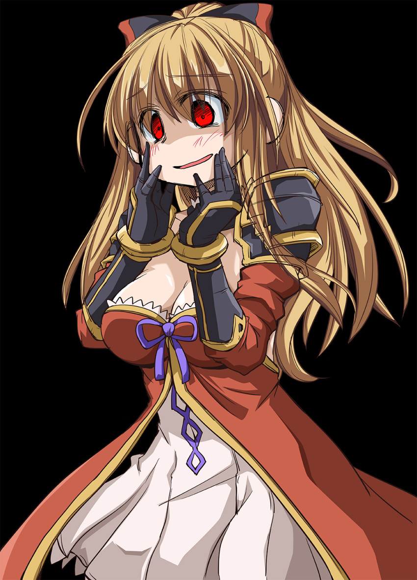 1girl, black_background, black_bow, blonde_hair, blush, bow, breasts, cleavage, dress, empty_eyes, granblue_fantasy, hair_bow, highres, long_hair, medium_breasts, nitoro_(nasenaru), open_mouth, ponytail, purple_ribbon, red_eyes, ribbon, smile, solo, vira, yandere