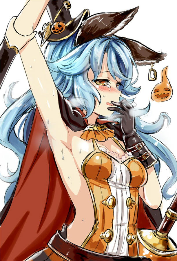 2girls, animal_ears, armpits, blue_hair, blush, cagliostro_(granblue_fantasy), cape, erun_(granblue_fantasy)