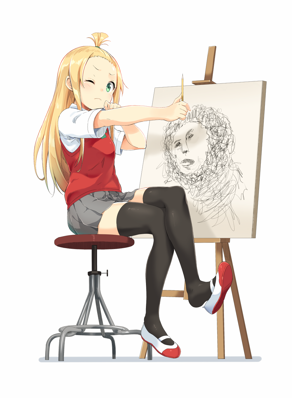 >;(, 1girl, black_legwear, blonde_hair, blush, canvas_(object), colette_(kono_bijutsubu_niwa_mondai_ga_aru!), easel, ecce_homo, frown, full_body, green_eyes, grey_skirt, head_tilt, highres, holding, holding_pencil, jesus, kneehighs, kono_bijutsubu_niwa_mondai_ga_aru!, long_hair, meme, outstretched_arm, pencil, pleated_skirt, samnedar, school_uniform, shirt, shoes, skirt, stool, sweater_vest, thigh-highs, topknot, uwabaki, very_long_hair, white_background, white_shirt