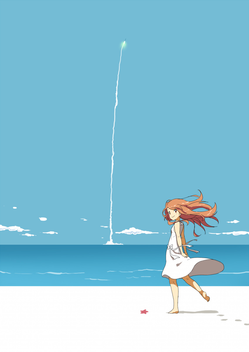 1girl, arms_behind_back, barefoot, beach, brown_eyes, brown_hair, closed_mouth, clouds, day, dress, footprints, from_side, highres, kneepits, liftoff, long_hair, original, outdoors, own_hands_together, rocket, samnedar, sky, sleeveless, sleeveless_dress, smile, solo, starfish, sundress, water, wind