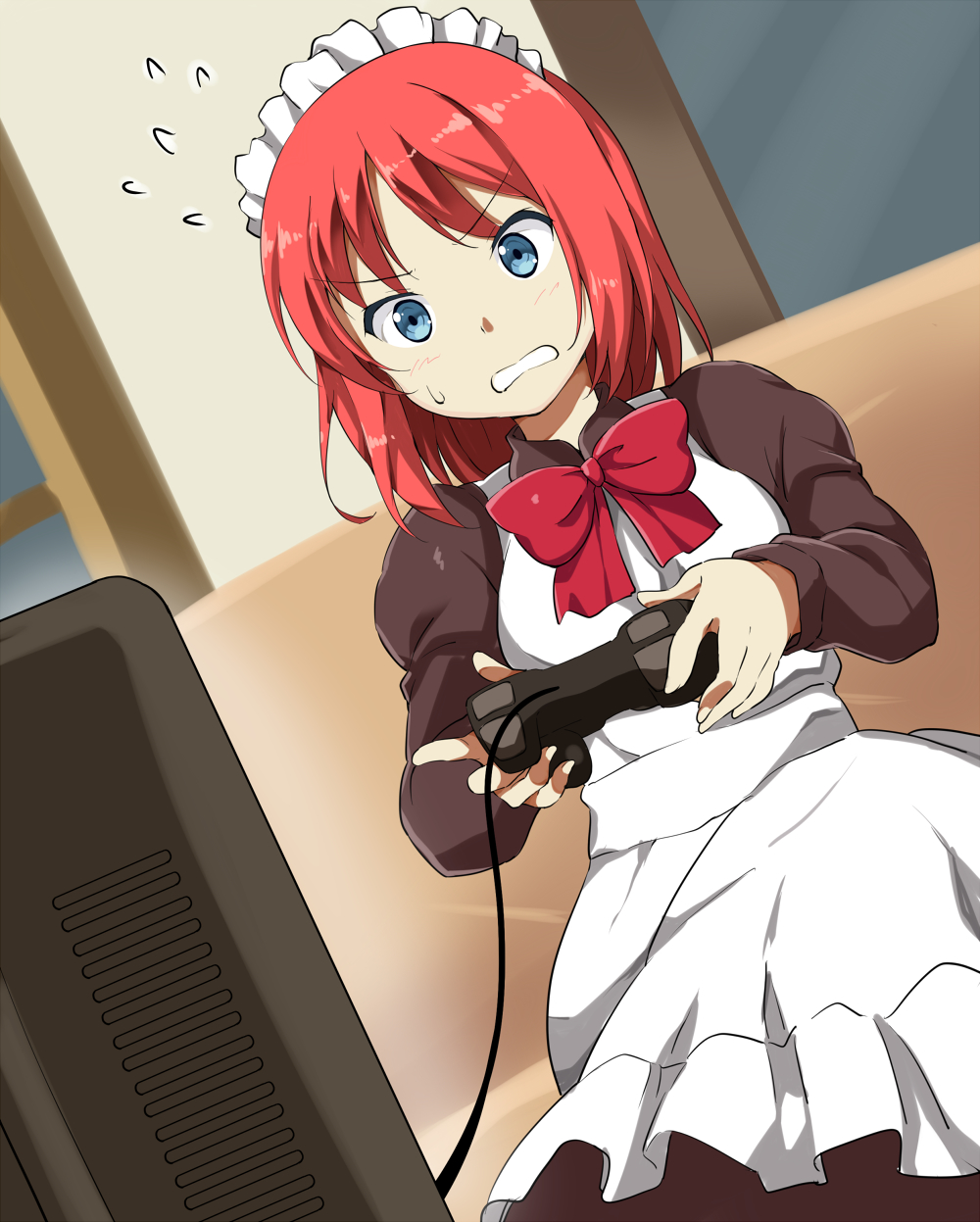 1girl, apron, blue_eyes, blush, bow, bowtie, clenched_teeth, controller