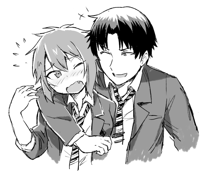 1boy, 1girl, ;d, aizawa_tomo, arm_around_neck, blush, collared_shirt, embarrassed