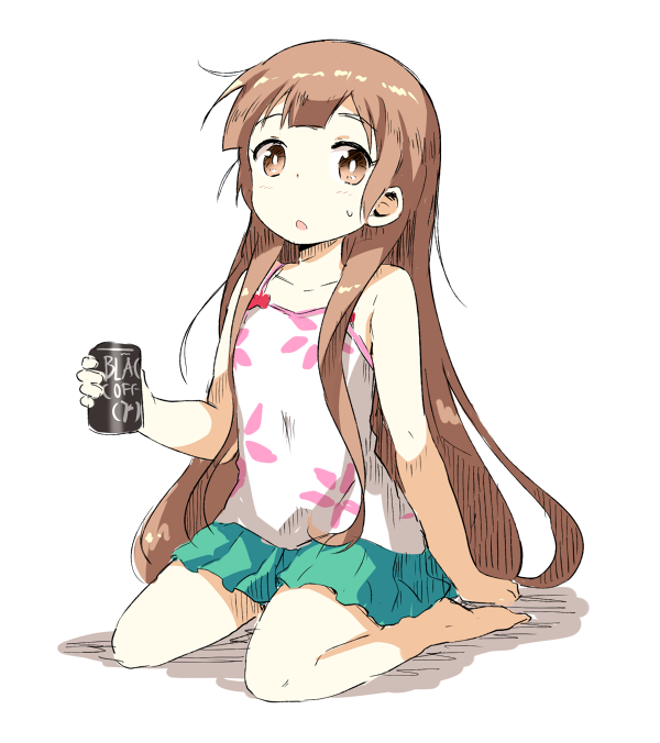 1girl, aqua_skirt, barefoot, brown_hair, camisole, can, coffee, collarbone