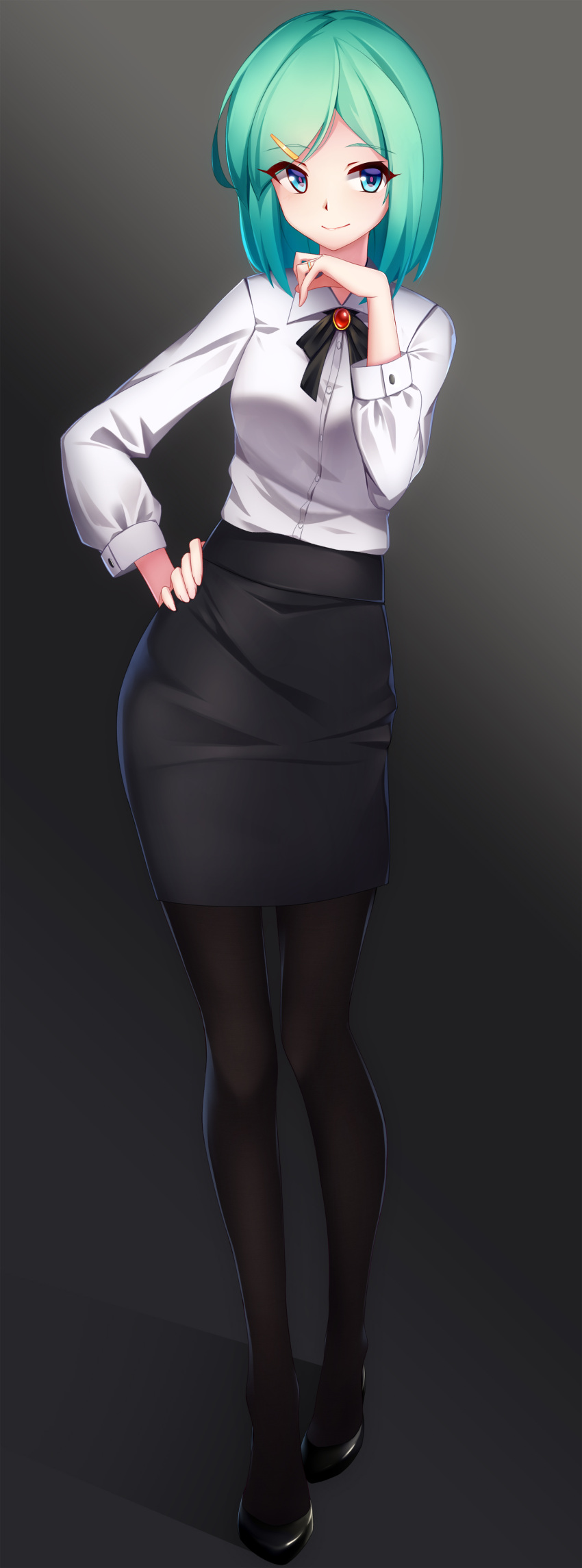 1girl, absurdres, arnold-s, blue_eyes, brooch, female, green_hair, hair_ornament, hairclip, highres, jewelry, keller_enasa, office_lady, original, pantyhose, pencil_skirt, ribbon, shirt, short_hair, skirt, solo