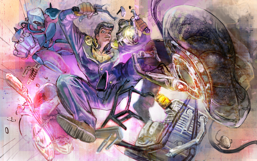 1boy, black_hair, broken, crazy_diamond, engine, gakuran, ground_vehicle, handlebar