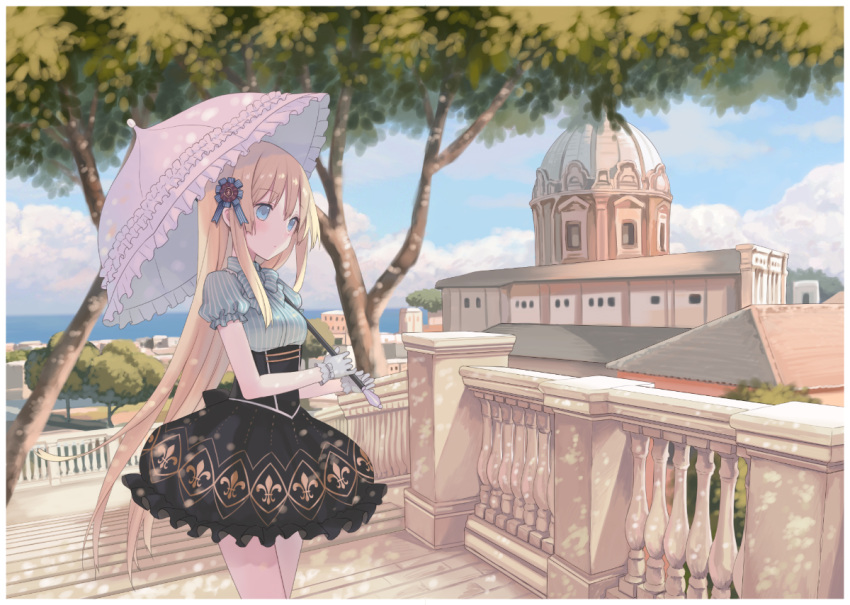 1girl, black_skirt, blonde_hair, blue_eyes, blue_shirt, blush, bow, bowtie, building, closed_mouth, clouds, cowboy_shot, day, dome, eyebrows, eyebrows_visible_through_hair, fleur_de_lis_print, from_side, gloves, hair_ornament, high-waist_skirt, holding, holding_umbrella, house, long_hair, original, outdoors, puffy_short_sleeves, puffy_sleeves, railing, shirt, short_sleeves, skirt, sky, solo, stairs, standing, striped, striped_bow, striped_bowtie, striped_shirt, tree, umbrella, very_long_hair, water, white_gloves, yuuki_rika