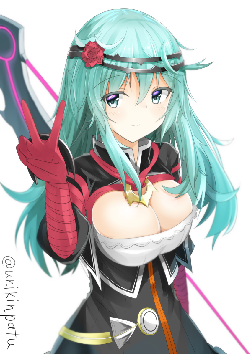 1girl, absurdres, bandages, blue_eyes, blue_hair, bow, circlet, flower