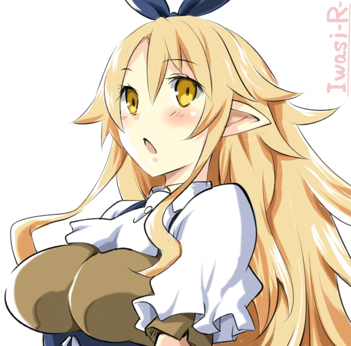1girl, artist_name, blonde_hair, blush, breasts, disgaea, hair_ornament, hair_ribbon