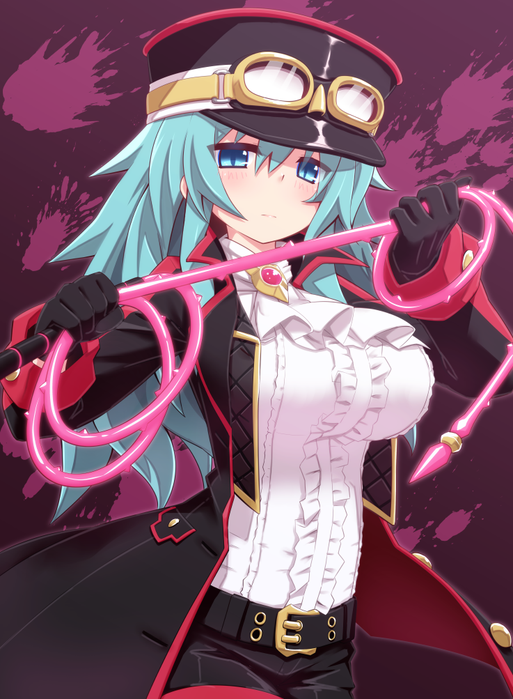 1girl, blue_eyes, blue_hair, blush, cap, goggles, hat, mary_skelter